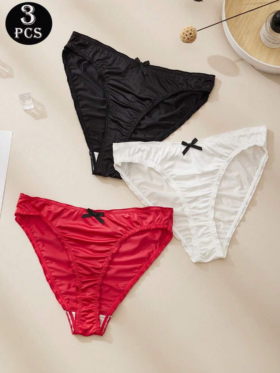 3 piezas - Bragas con lazo de satén. Bragas triangulares de seda de hielo para mujer con un diseño sexy de nalgas de melocotón a la cintura baja, lazo juguetón, estilo dulce y fresco de chica, estilo puro francés del deseo, ropa interior esencial diaria de unicolor para mujer.