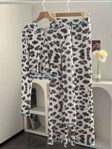 两件套女士豹纹拉链连帽衫和豹纹长裤休闲套装，秋冬白色春季款 - 白色 - 查看 4