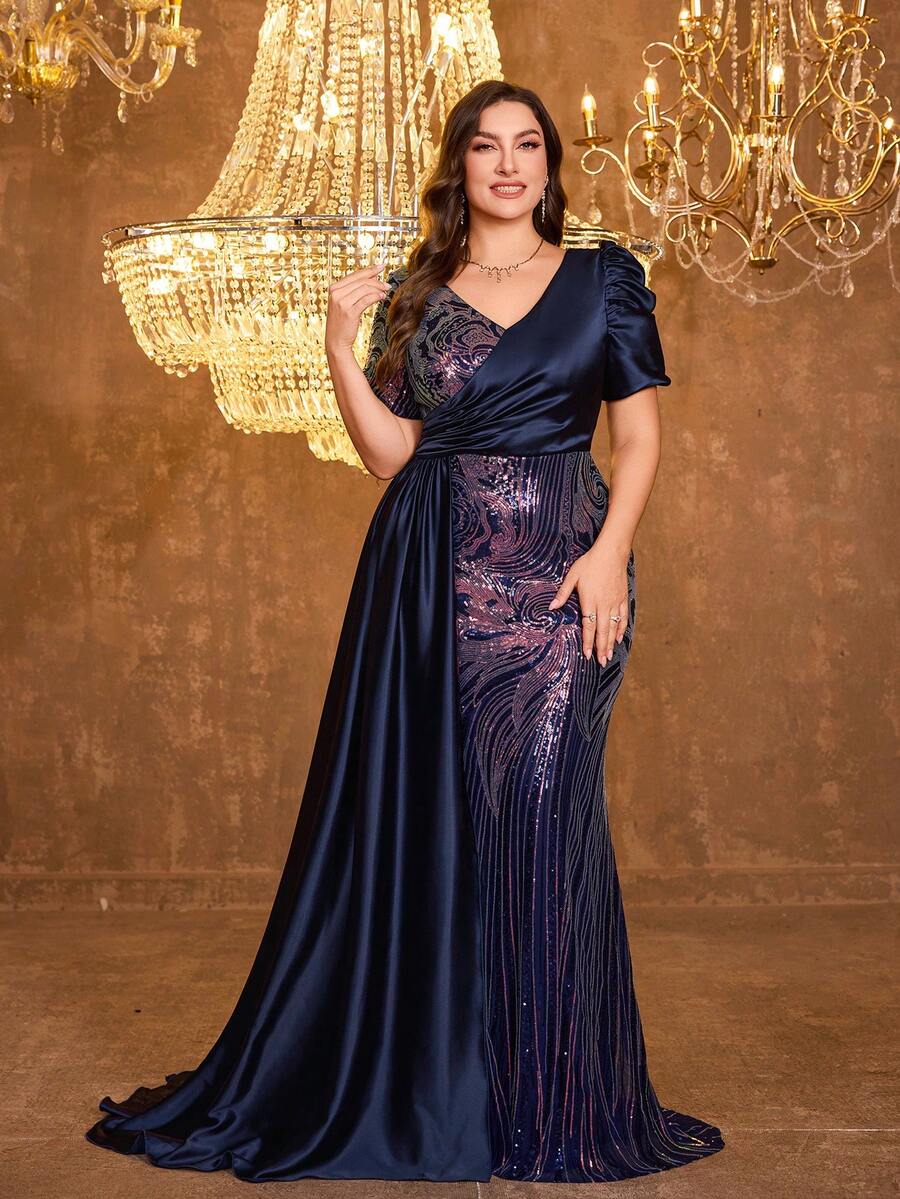 UNITHORSE [Random Print] Plus Size Women V-Neck Short Sleeve Fitted Sequin Satin Splice Elegant Evening Dress - Multicolor - View 1