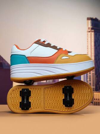 1 双全新青少年轮滑鞋，可拆卸双轮，橙色厚底圆头系带男女通用运动鞋