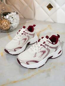 New Women Casual Sneakers, Chunky Sneakers, Shoes, White Shoes, Lace-Up Round Toe Mixed Material Breathable Versatile Printed Graffiti College Style Student Outdoor Hiking Casual Commuting Shoes - 酒紅色 - 查看 4