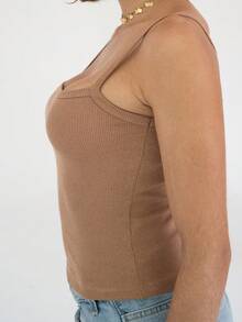 2-Piece Set: Square Neck Tank Top And Ribbed Halter Top In Cotton - Mocha Mousse - View 6