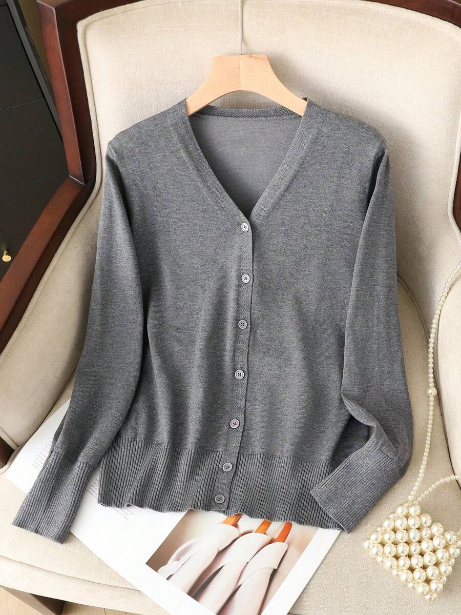 GIGOGOU 大码 1XL-4XL 女式 V 领针织开衫，休闲长袖上衣，春秋季