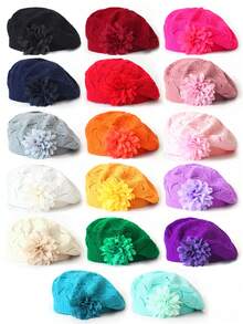 1pc Women Double Flower Casual Knitted Beret Hat, Fashionable Versatile Solid Color Cap - Multicolor - View 5