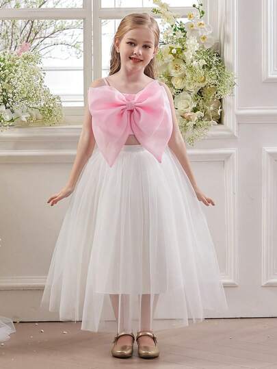 2pcs/Set Girls Spaghetti Strap Bow Tulle Princess Dress Outfit, Suitable For Birthday Party, Valentine's Day Gift, Flower Girl, Wedding, School Performance, Important Occasions, Holiday