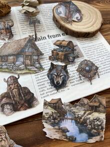 15 pezzi/confezione Adesivi vintage con personaggi della leggenda vichinga, case, paesaggi, figure carine, piante, decorazioni per scrapbooking, diari fai-da-te, forniture per la cancelleria