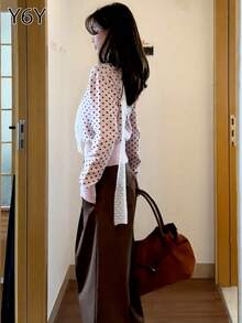 Y6Y Women's Pink Polka Dot Oblique Shoulder Knit Cardigan, 2025 New Early Autumn Vibe, Fitted Slim Flattering Asymmetrical Shoulder Long Sleeve Top - Pink - View 4