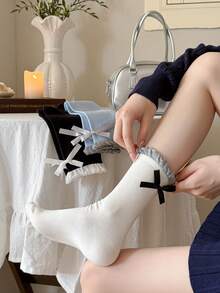 1 par de calcetines de mujer con lazo y contraste de color acanalado, lindos y versátiles, estilo lolita, calcetines blancos sencillos hasta el tobillo