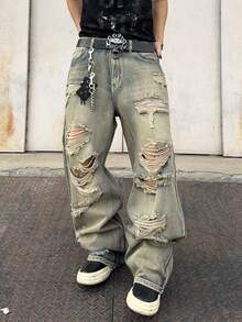 1pc Men's Distressed Wide Leg Jeans, American Vintage Ripped High Street Casual Loose Fit Long Pants (Product Does Not Include Belt And Accessories), Emo Style
