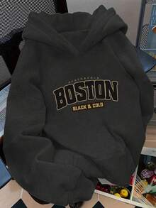 青少年女孩 2 件套休闲宽松字母印花套头连帽衫运动衫和直腿抽绳保暖内衬裤，厚实保暖服装，适合春秋冬季 - 黑色 - 查看 5