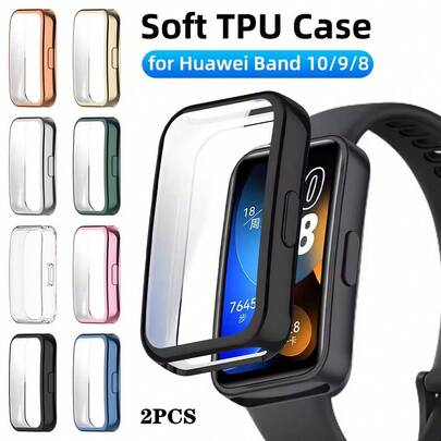 2pcs Soft TPU Full Coverage Protective Case For Band 10/9/8, Bumper Frame Screen Protector, Compatible With Huawei Band 10/9/8 Full HD Protective Cover Accessories