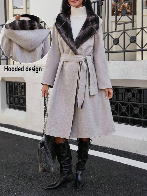 Manteau long à capuche pour femmes, style streetwear esthétique gris clair, doublé et ceinturé, parfait pour le port quotidien en hiver. Vêtements d'hiver pour femmes.