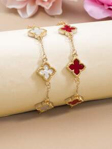 (2pcs/Set) 2pcs Simple And Stylish Lucky Clover Bracelet, Featuring Gold Dripping Four-Leaf Clover Charm Matching With White And Black Multilayer Chain Bracelet, Women's Copper Bangle Suitable For Daily Wear Such As Dating, Graduation, Back To School Season, Making Friends, And Parties Valentines,Mom,Mother,Mother's Day,Gift