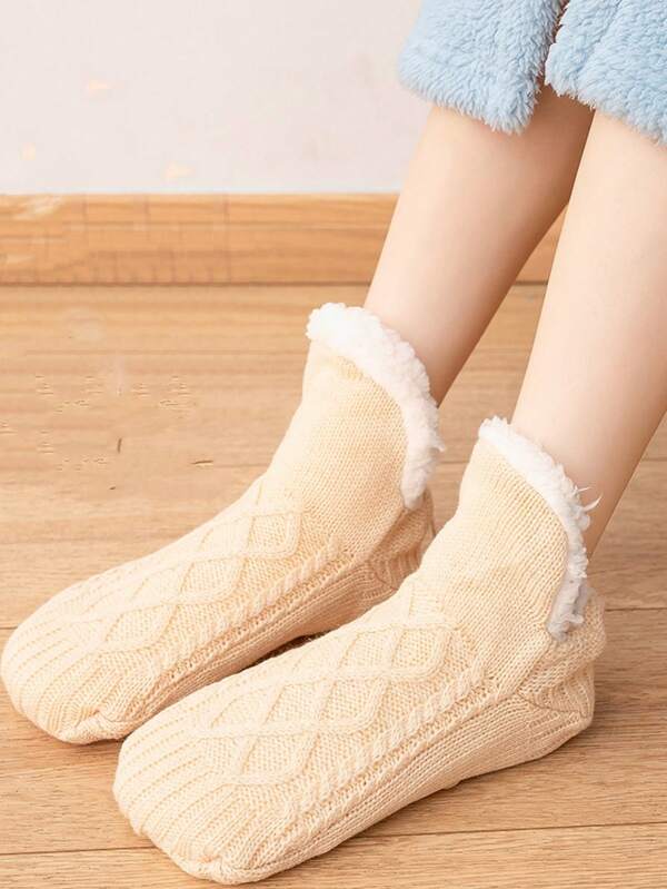 1 par de meias femininas quentes e grossas, meias de pelúcia da moda em cores sólidas, meias de pelúcia para uso interno em cores sólidas, adequadas para o chão da casa, uso casual, inverno