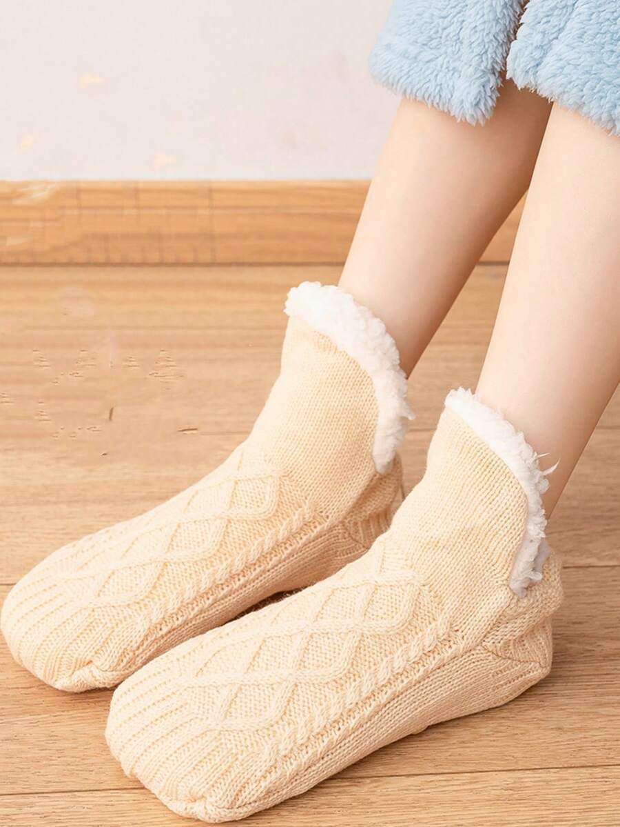 1 par de meias femininas quentes e grossas, meias de pelúcia da moda em cores sólidas, meias de pelúcia para uso interno em cores sólidas, adequadas para o chão da casa, uso casual, inverno