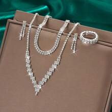 Juego de joyería de lujo de 5 piezas: Collar, pulsera, aretes y anillo abierto chapados en oro blanco con circonita cúbica, adecuado para bodas elegantes, festivales y regalos del Día de la Madre