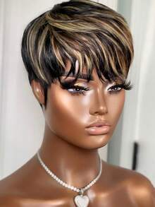 1B/27 短款精灵短发假发 真人发 无胶 巴西真人发假发 适合日常佩戴 适合所有季节的女士全机假发 - 間色 - 查看 11