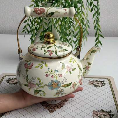 1 件带花柄的陶瓷水壶（蓝星花、农场、宝藏），饮具，茶具，可用于炉灶、煤气炉、火炉和壁炉、节日派对、户外露营便携式茶壶，适合作为送给亲戚朋友的礼物