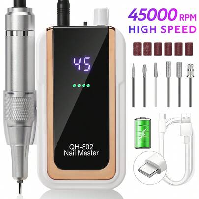 Máy mài móng tay điện 45.000 vòng/phút với màn hình LCD, có thể sạc lại, thích hợp cho việc đánh bóng móng gel, sử dụng tại nhà và salon.