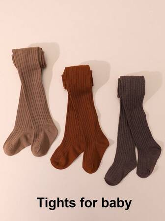 3 Pairs Girls' Solid Color Leggings, Vertical Striped Tights, Simple Versatile Children's Pantyhose, Elastic & Comfortable, All Season