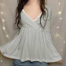 Women Y2k Vintage Long Sleeve Tops Fairy Grunge Solid Color Lace Trim V-Neck Slim Fitted T-Shirt Casual Shirts Blouse Fall Spring Aesthetic Clothes Streetwear - 淺灰色 - 查看 2