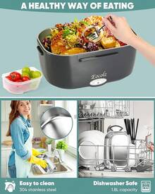Lonchera Eléctrica - Fiambrera eléctrica de 60 a 80 W para adultos, calentador de alimentos portátil para coche, camión, trabajo, con tenedor y cuchara de acero inoxidable (Gray) - Gris Amarillo - Ver 5