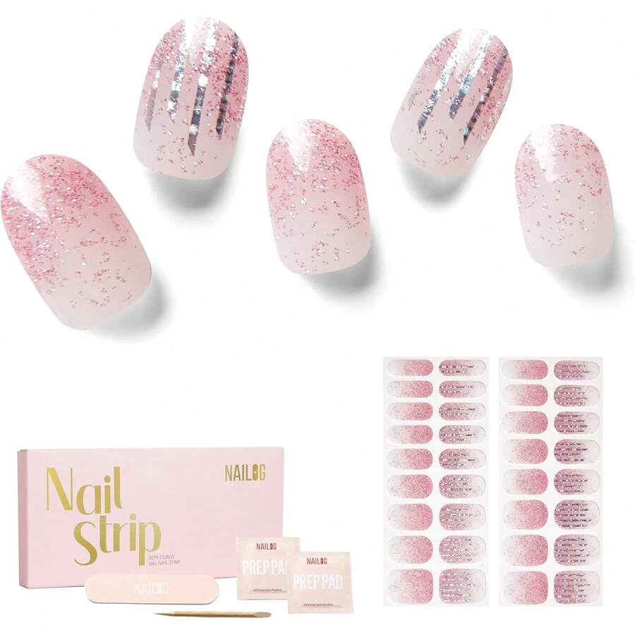 NAILOG Tiras Semicuradas De Gel Para Uñas, 34 Piezas Pegatinas De Gel Para Uñas De Calidad Salon, Envolturas De Uñas De Larga Duración Para Mujeres Con Acabado De Gel Suave (Pink Lan - 1 - Ver 1
