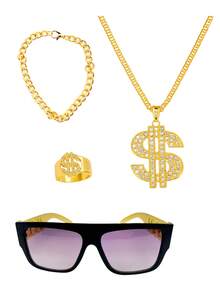 1 Set: Dollar Necklace + Dollar Ring + Bracelet + Wealthy Braided Eye Hoop Earrings, Suitable For Theme Parties And Events Halloween Costume