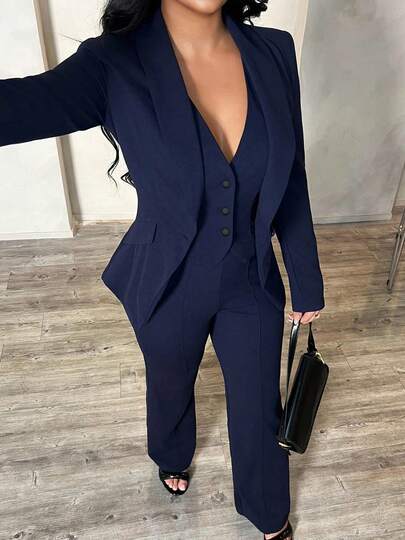 Costume trois pièces ajusté de couleur unie pour l'automne et l'hiver, adapté au lieu de travail