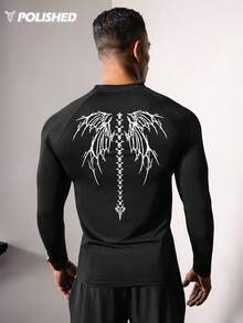 Acti Log 1pc Men's Contrast Color Print Long Sleeve Fitted Sports T-Shirt Compression Long Sleeve Rash Guard Graphic Compression Shirt Spandex Shirts Gym Tops Long Sleeve Breathable Comfortable Slim Fit For Gym Training Compression Performance T-Shirt - Black - View 2