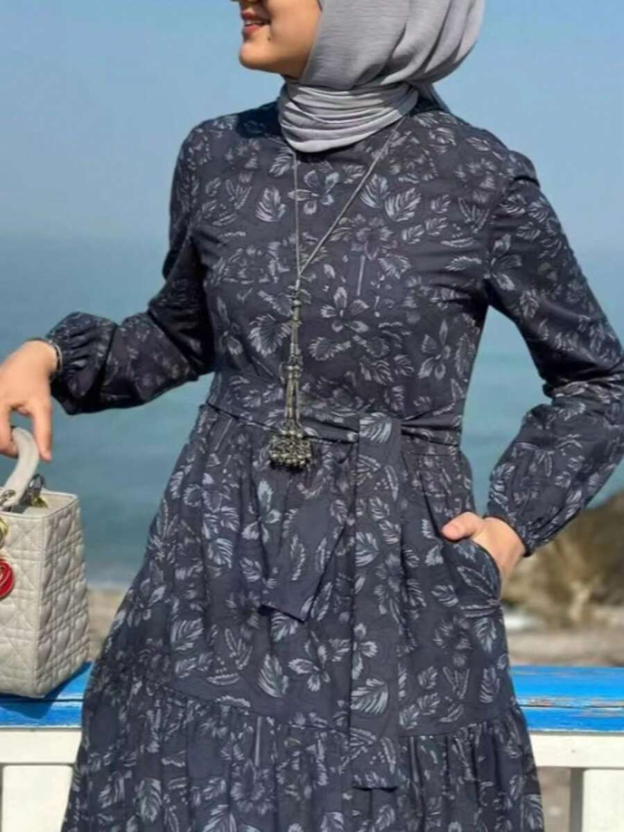 Women's Long Sleeve Woven Fabric Pullover Robe, Small Round Neck, Floral Print, Pockets With Belt, Back Zipper, Comfortable Full Length Jalabiya Dress, Flared Skirt - Navy Blue - View 1