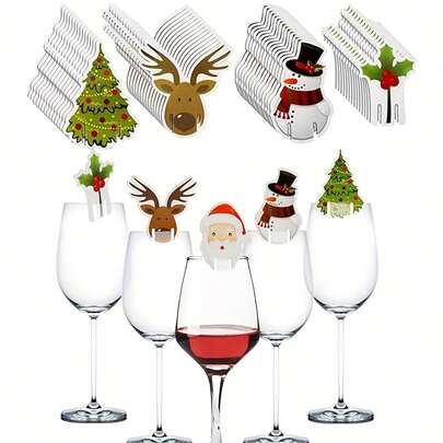 10/5pcsChristmas Wine Cup Marking Decorative Cup Card Santa Claus Snowman Tree Wine Decoration Elk Wine Cup Decoration Home Table Plate Christmas Gift New Year Party Wine Cup Decoration Supplies Home Decor Christmas Decorations Room Decor