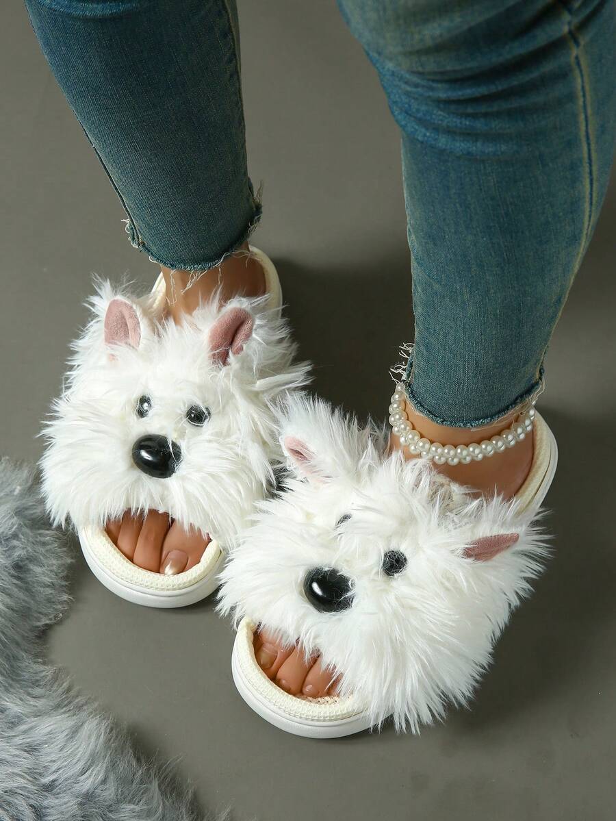 Pantufas de pelúcia para cachorros, mulheres e meninas – Sapatos fofos e peludos para o inverno, quentes e confortáveis para casa com sola antiderrapante