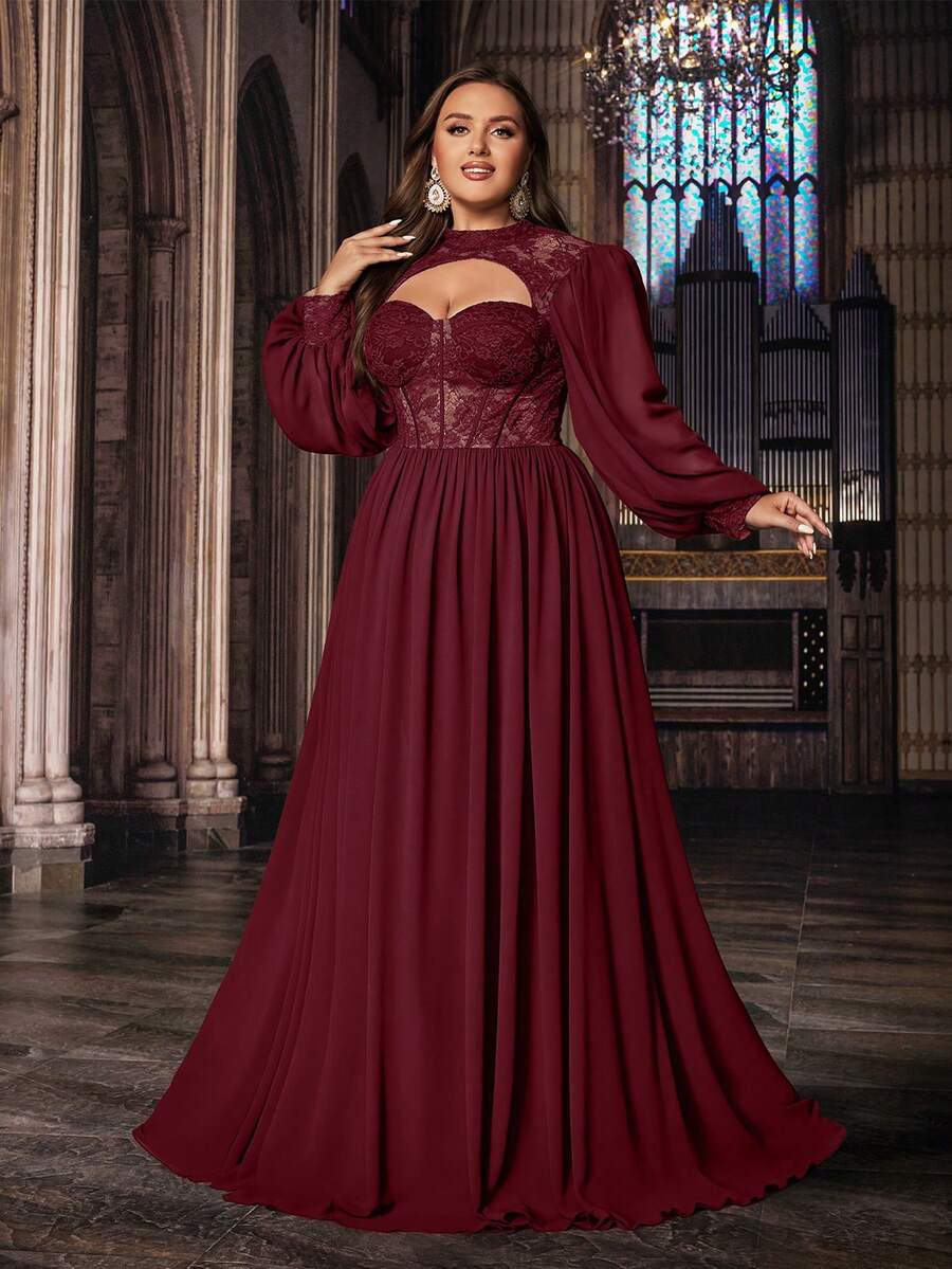 Elegante vestido de gala de gasa con mangas largas y encaje para mujer talla grande, ideal para el Día de San Valentín, bodas y fiestas de primavera - Burdeos - Ver 1