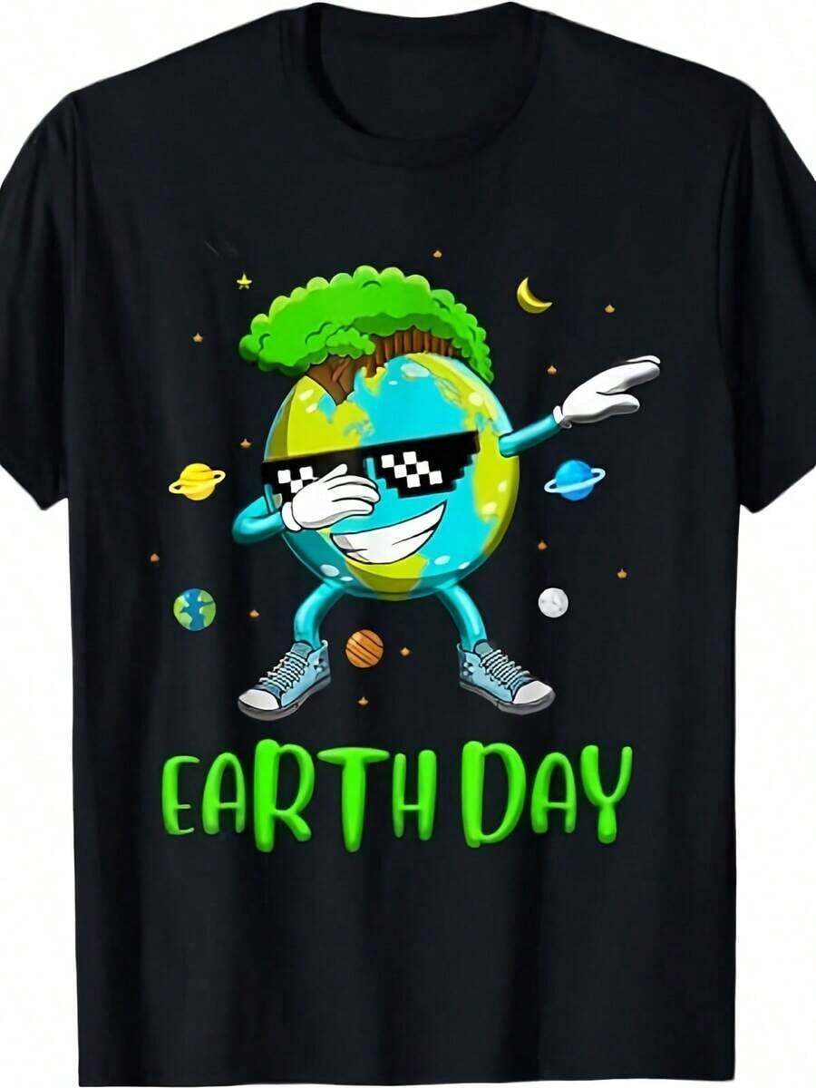 Earth Day Designer T-Shirt With Rocks And Dabbing, Protect Our Earth - 黑色 - 查看 1