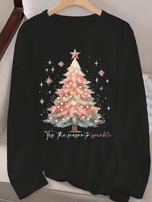Women'sChristmasTreePrintLongSleeveT-Shirt-VibrantHolidayDesignwith"TheSeasonofSparkle"Text,SoftStretchPolyester,All-SeasonCasualRoundNeckTopforWomen,ChristmasTshirt,FestiveApparel,FestiveDesign,DurableComfort - 黑色 - 查看 2
