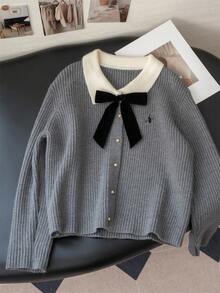 秋冬學院風拼色蝴蝶結領長袖刺繡女款開襟針織外套，街頭風 - 深灰色 - 查看 7