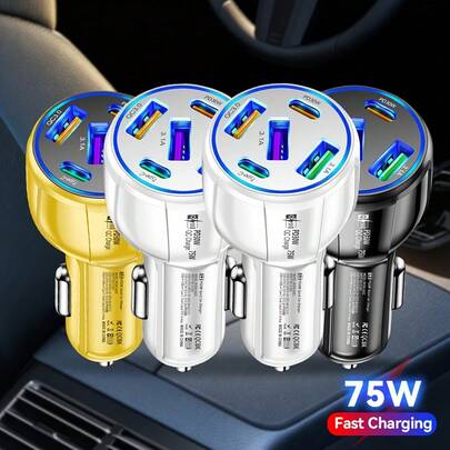 Carregador de carro com 5 portas, carregador de telefone para carro, adaptador USB tipo C de 75 W, adaptador multifuncional para carro, carregador USB para iPhone 16, 15, 14, 13, 12, 11 Pro Max XR XS para iPad