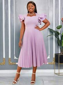 AOMEI 加大码优雅女式浅紫色方领荷叶边袖褶皱优雅中长连衣裙 A 字型非洲女性优雅舞会生日庆祝派对礼服 - 紫色 - 查看 6