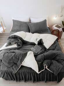 1 件柔软舒适的牛奶丝绒夏尔巴羊毛毯，双层，深灰色，适合卧室和客厅 - 灰色 - 查看 2