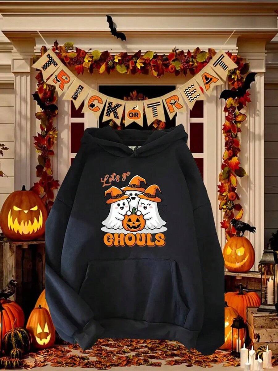 1pc Women'S Halloween Hoodie - Light Grey Pullover Sweatshirt With Hood, All-Season Casual & Athletic Wear For Halloween Party Outfits, Everyday Streetwear - Easy-Care Polyester Hooded Sweatshirtfall Hoodies,Men's Fall Clothes,Street Wear,Halloween,Mens Hoodies,Y2k Clothes,Jesus Hoodie,Thanksgiving Day,Nightmare Before Christmas,Christmas,Basics,Christmas Sweatshirt,Thanksgiving Outfit Men,,Christmas Clothes,Winter Clothes For Men,Men Gifts - 黑色 - 查看 1