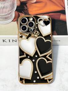 1pc Black TPU Electroplated Heart Pattern Shockproof Phone Case & 1pc Black Electroplated Rhinestone Heart Matching Phone Case, Interesting Phone Case