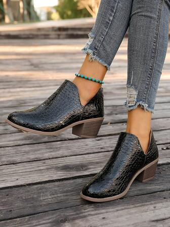 Women's Autumn/Winter New Fashion Versatile Chelsea Boots, Chunky Heel Outdoor Boots, Glossy Leather Short Boots