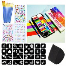 12-Compartment Removable Face & Body Paint Kit With 11 Brushes, 3 Adhesive Jewel Stickers, 4 Makeup Templates, 1 Makeup Sponge, Easy To Clean And Draw Any Pattern, Suitable For Stage Performance, Halloween, Rainbow Party, Makeup Party, Festival Celebration - Multicolor - View 13