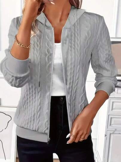 Plus Size Women'S Elegant White Zip-Up Baseball Jacket With Chain-Link Pattern - Casual Long Sleeve, Medium Stretch, Solid Color, Fall/Winter Outerwear, Winter Outerwear | Baseball Collar Jacket