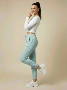 Women's Plush Jogger Sweatpants With Drawstring And Pocket | Winter Pants, Cold Weather Clothing, Comfortable, Warm, Casual, Thermal - 冰綠色 - 查看 9