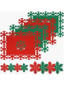 12pcs Christmas Placemat Set - Red & Green Hollow Snowflake Felt Design, Anti-Skid & Decorative Table Mats For Holiday Dining, Christmas Table Decor - Multicolor - View 1