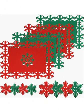 12pcs Christmas Placemat Set - Red & Green Hollow Snowflake Felt Design, Anti-Skid & Decorative Table Mats For Holiday Dining, Christmas Table Decor