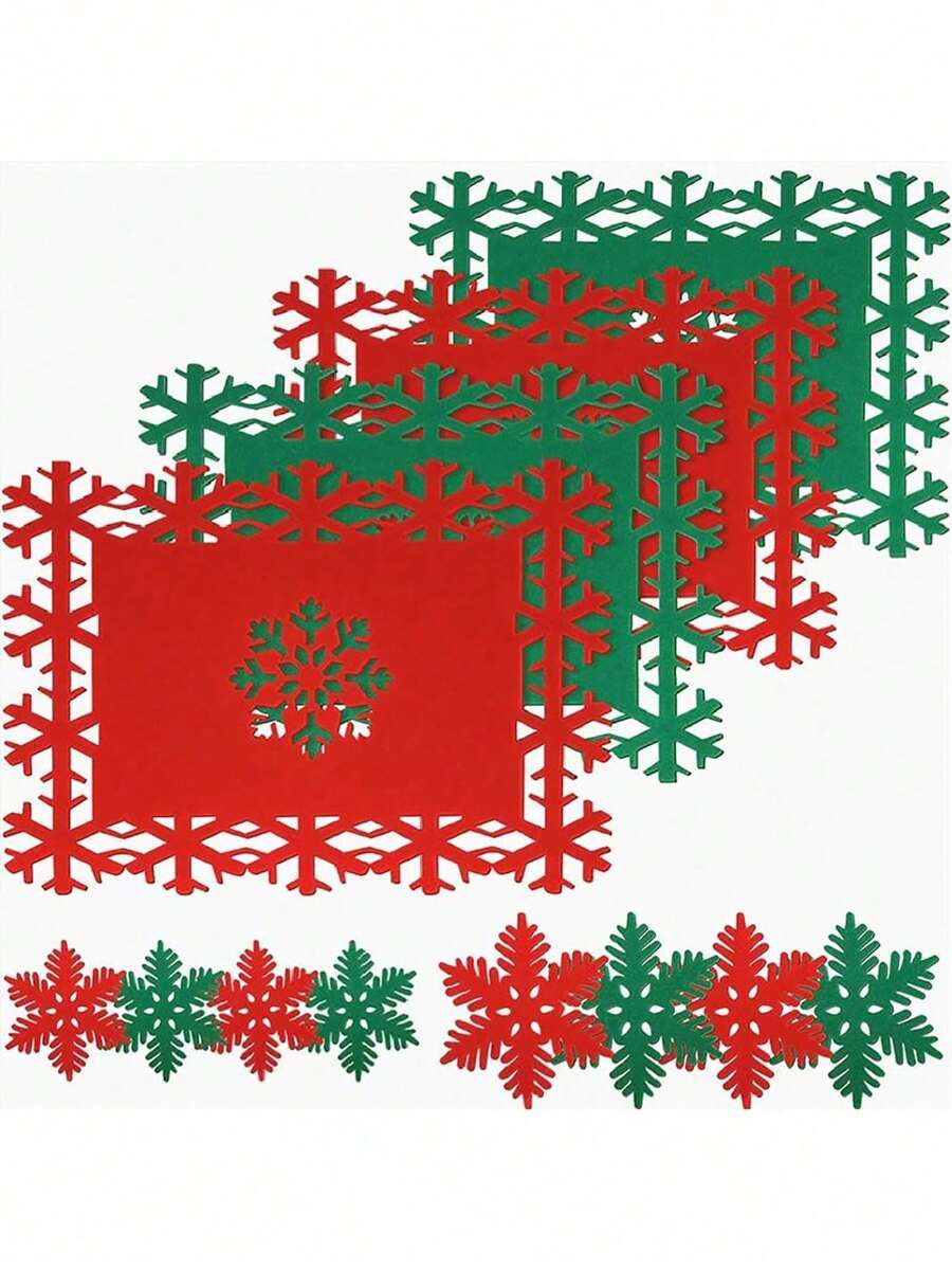 12pcs Christmas Placemat Set - Red & Green Hollow Snowflake Felt Design, Anti-Skid & Decorative Table Mats For Holiday Dining, Christmas Table Decor - Multicolor - View 1