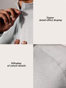 Manfinity Sport Polished 男士纯色长袖休闲运动 T 恤，简约时尚，适合日常穿着，四向弹力材质，吸汗，轻盈简约设计，四分之一拉链，修身版型，适合健身运动 - T